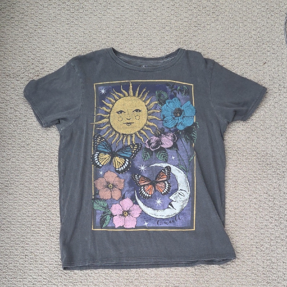 O'Neill Gray and Yellow Short Sleeve Tee with Celestial Design